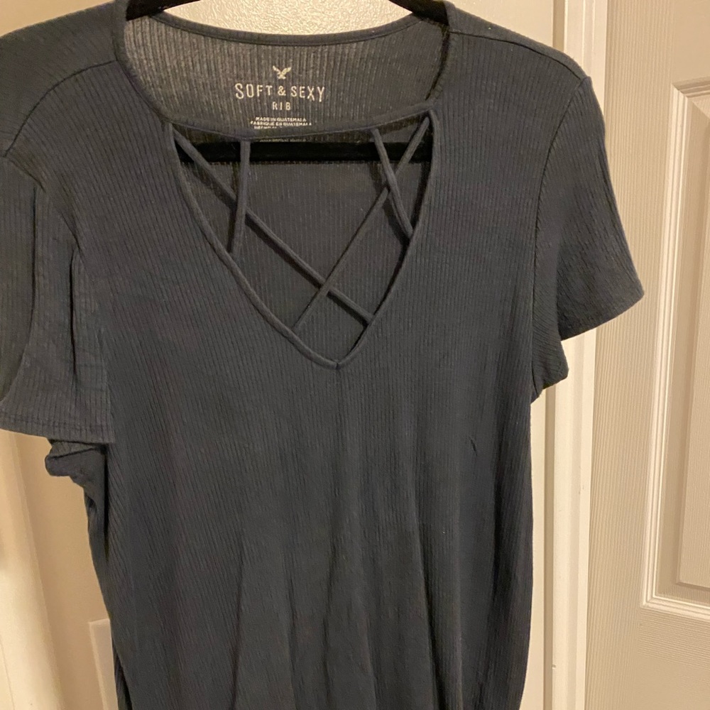 Crisscross Navy Blue Ribbed Tee